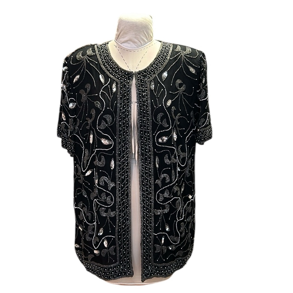 RARE Vintage Papelle Boutique Evening‎ Silk Beaded Jacket Semi-Sheer Black 3X